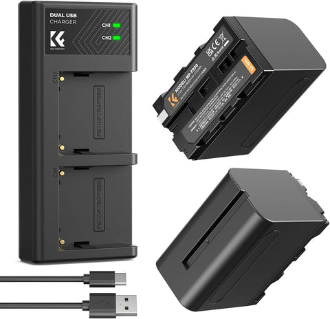 K&F Concept 2 Pack NP-F970 Battery and Dual Battery Charger Compatible with Sony NP-F970