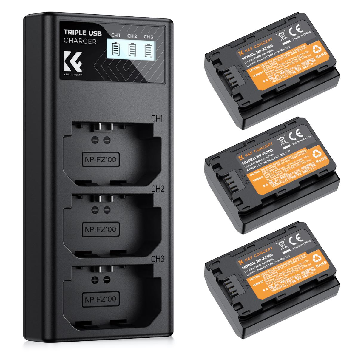 K&F 3-Pack NP-FZ100 Batteries + LCD Charger, 2280mAh, for Sony Cameras