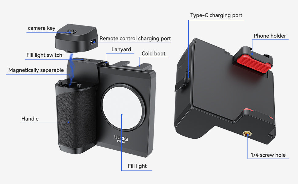 UURIG PH-14 Smartphone Camera Shutter Handle Grip w Detachable Wireless Bluetooth Remote Control