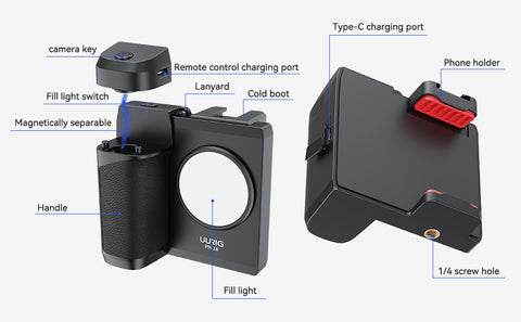UURIG PH-14 Smartphone Camera Shutter Handle Grip w Detachable Wireless Bluetooth Remote Control