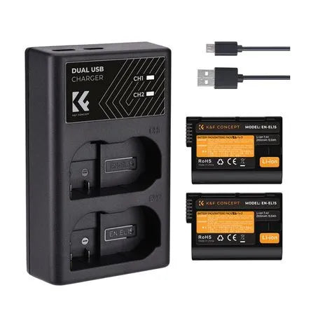 K&F Concept  Dual Charger + 2 EN-EL15 Batteries KF28.0012