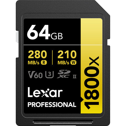 Lexar 64GB 280MB Professional 1800x UHS-II SDXC Memory Card (GOLD Series)